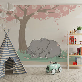 Gentle elephant under cherry tree mural wallpaper transforming kids room into peaceful sanctuary