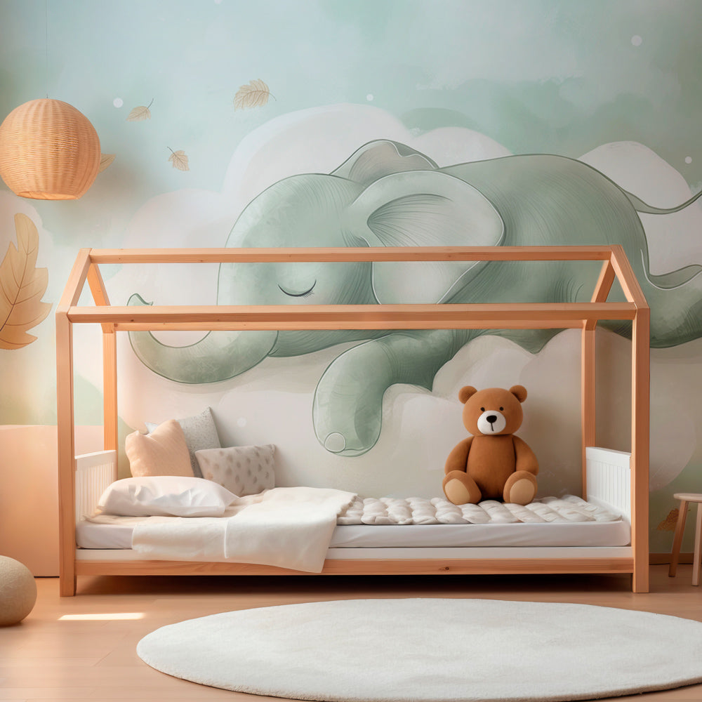 Dreamy elephant sleeping on cloud wallpaper creating peaceful baby bedroom decor