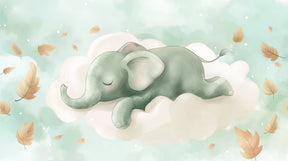 Detailed elephant cloud mural wallpaper design pattern with golden leaves by Kids-Mundo