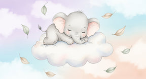 Detailed elephant cloud mural wallpaper design pattern with floating leaves by Kids-Mundo