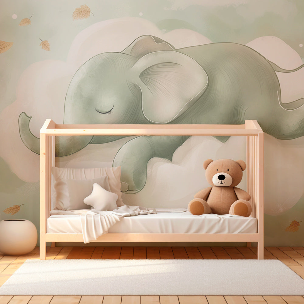 Soothing elephant cloud wallpaper with golden leaves in serene nursery setting