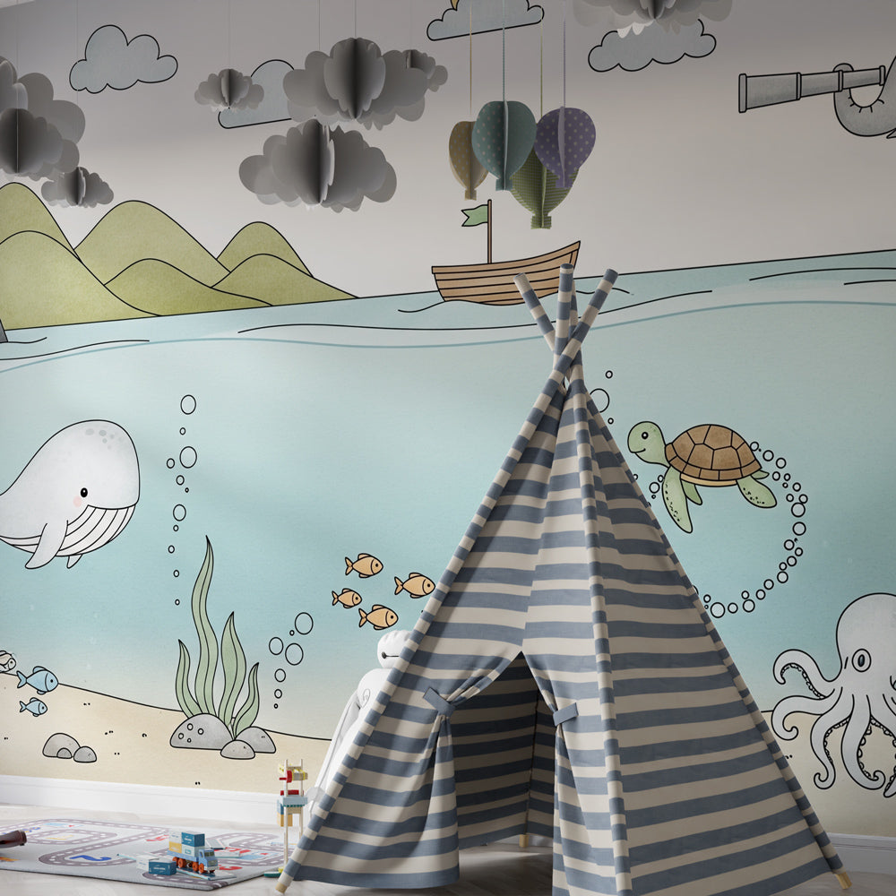 Kids-Mundo elephant explorer wall mural bringing a whimsical ocean adventure to a kids bedroom.