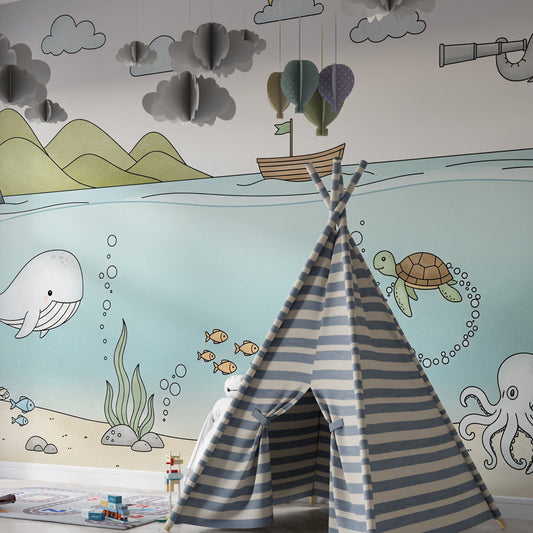 Kids-Mundo elephant explorer wall mural bringing a whimsical ocean adventure to a kids bedroom.