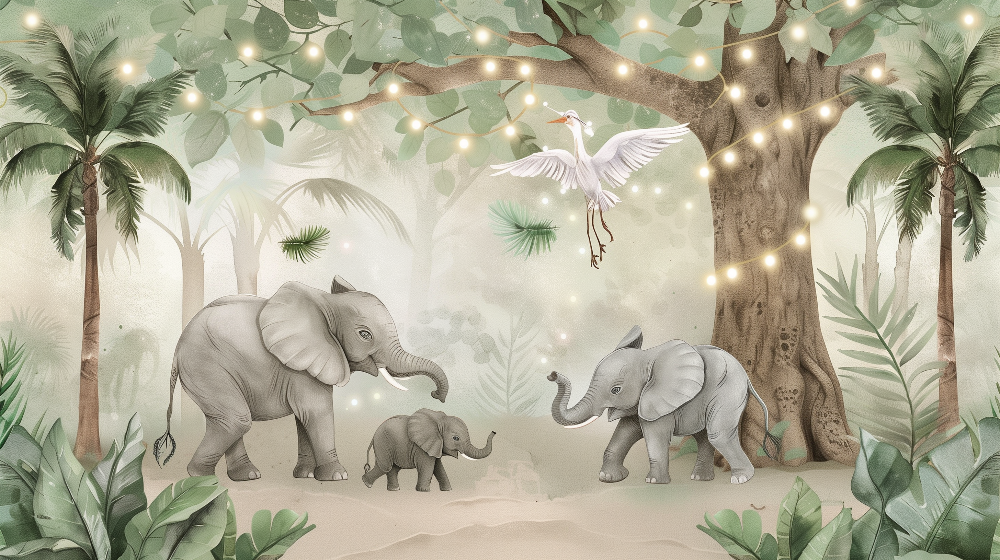 Kids-Mundo flat artwork of an elephant family beneath a fairy-lit tree with palms and a white bird.