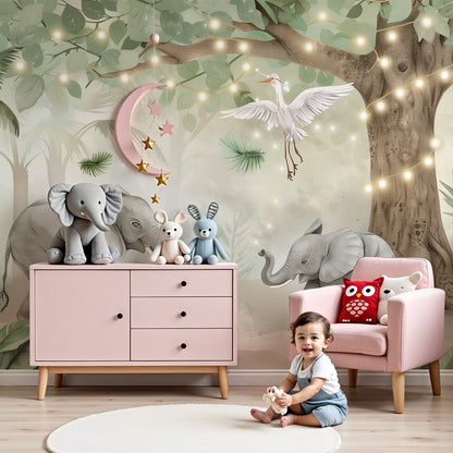 Kids-Mundo elephant family wall mural in a calm nursery with a white cot and soft grey bedding.