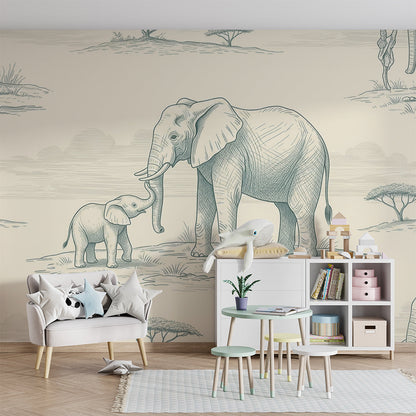 Kids-Mundo elephant savanna mural with mother and calf on a child's bedroom wall
