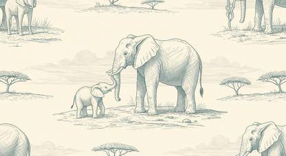 Kids-Mundo flat artwork of a sketched mother and calf elephant walking across a savanna