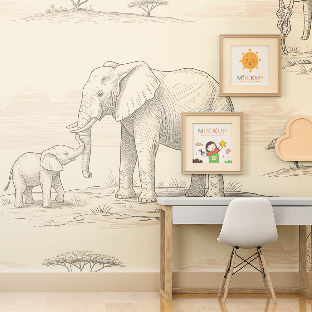 Kids-Mundo elephant family sketch mural bringing a gentle scene to a playroom wall