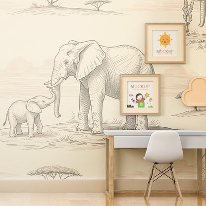 Kids-Mundo elephant family sketch mural bringing a gentle scene to a playroom wall