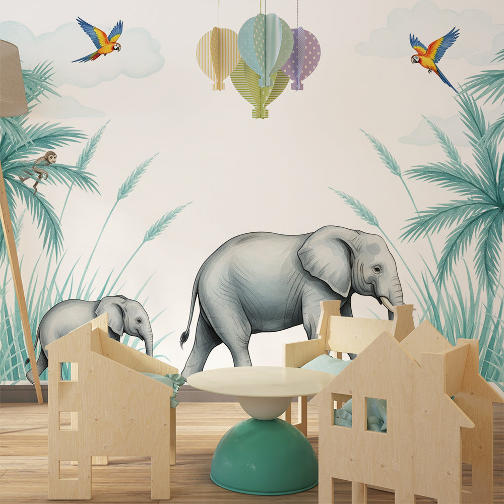 Kids-Mundo elephant family mural on a feature wall in a bright children's bedroom