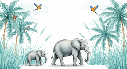 Kids-Mundo elephant family artwork with macaws and monkeys in soft teal watercolour