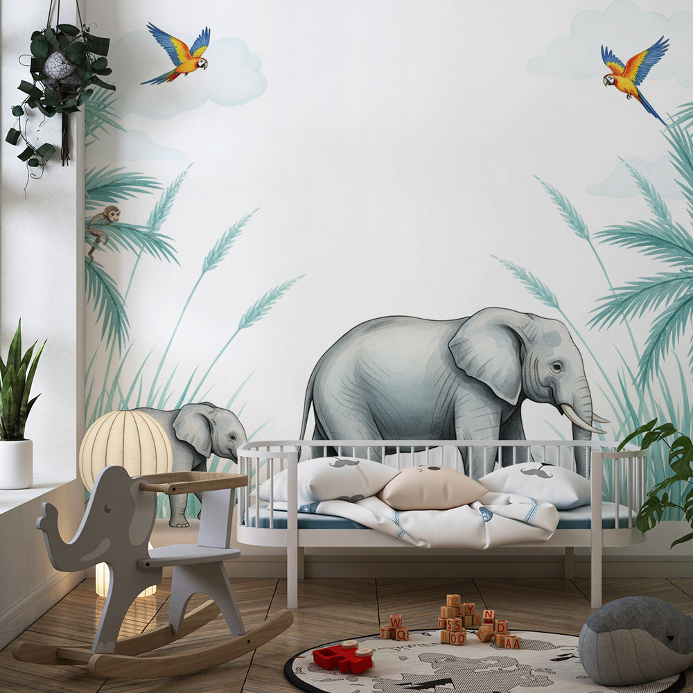 Kids-Mundo teal jungle elephant mural brightening a playful children's playroom wall