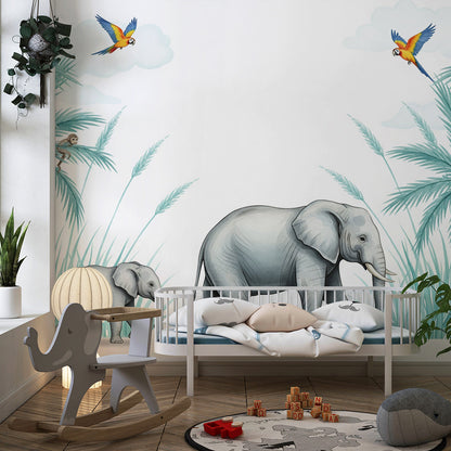 Kids-Mundo teal jungle elephant mural brightening a playful children's playroom wall