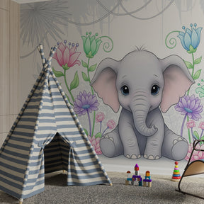 Tropical elephant and flowers mural wallpaper transforming toddler room into magical garden