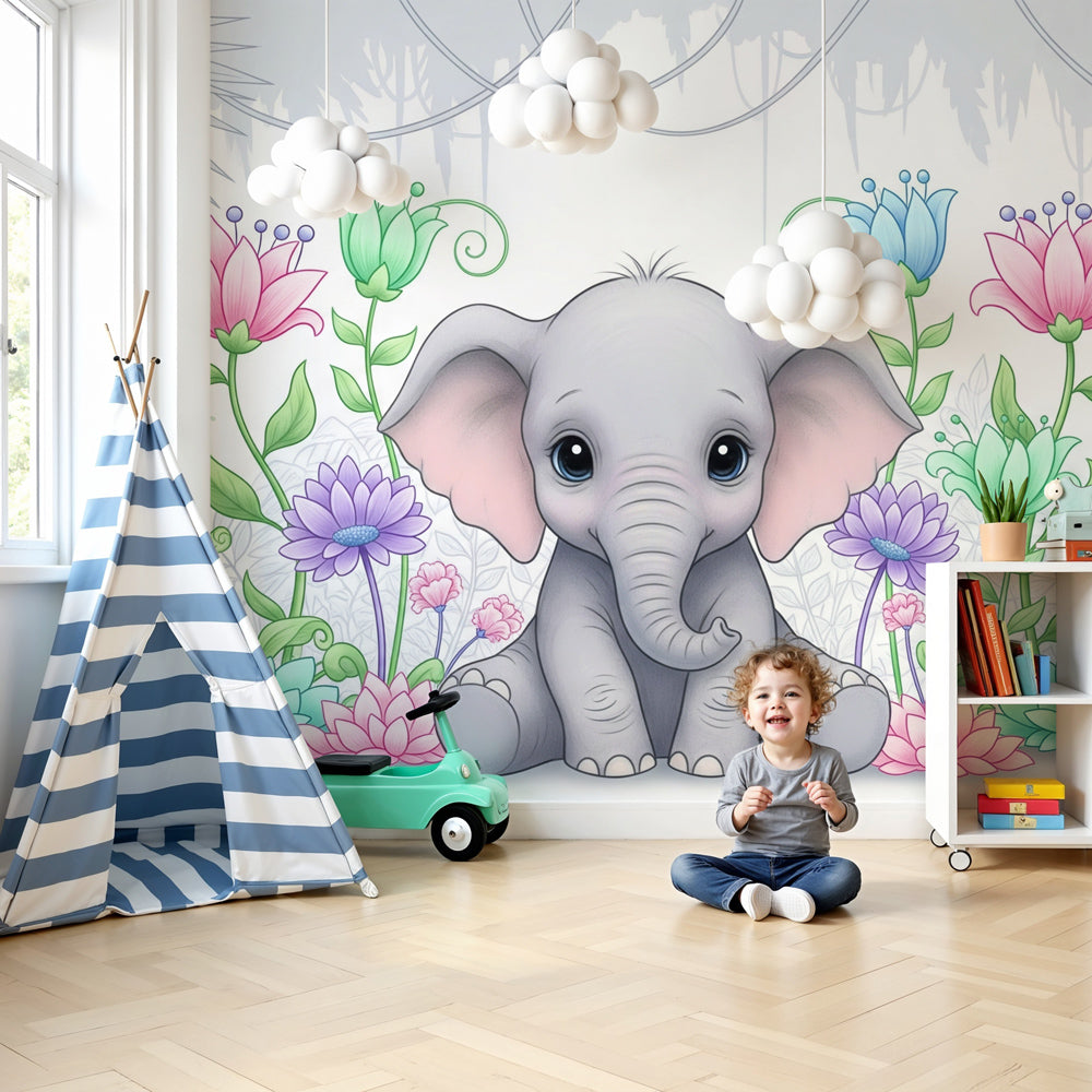 Elephant floral mural wallpaper creating gentle safari atmosphere in modern nursery by Kids-Mundo
