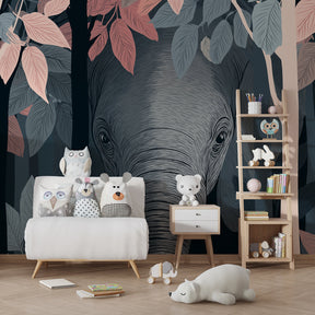 Forest animal mural wallpaper with elephant creating adventure-themed kids room by Kids-Mundo