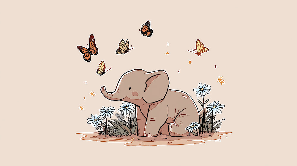 Detailed elephant garden mural wallpaper design pattern with butterflies and flowers by Kids-Mundo