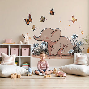 Elephant garden mural wallpaper in cozy nursery with natural wood furniture by Kids-Mundo