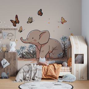 Garden theme mural wallpaper with elephant and butterflies in bright kids playroom