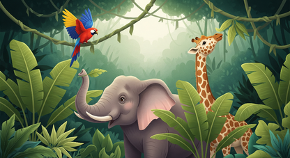 Kids-Mundo illustrated artwork of an elephant, giraffe and macaw parrot in a lush jungle