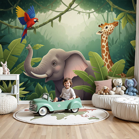 Kids-Mundo jungle wall mural with elephant, giraffe and parrot in a warm nursery