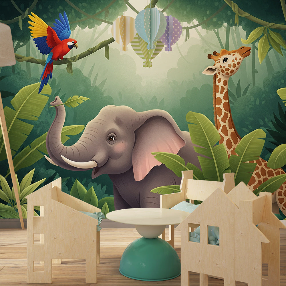 Kids-Mundo macaw parrot jungle wall mural bringing bold colour to a playroom wall