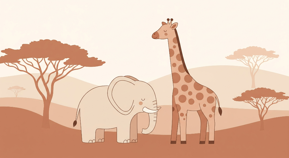 Kids-Mundo flat artwork of a soft elephant and giraffe standing together on a warm terracotta savanna
