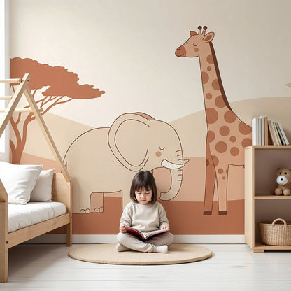 Kids-Mundo elephant and giraffe wall mural in a warm, gentle nursery behind a cot