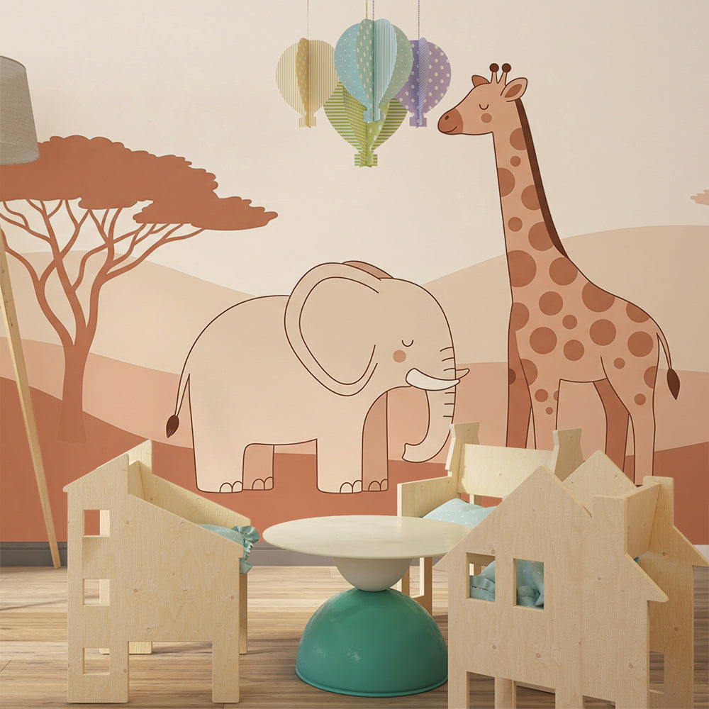 Kids-Mundo elephant and giraffe savanna wall mural filling a playroom wall with gentle colour