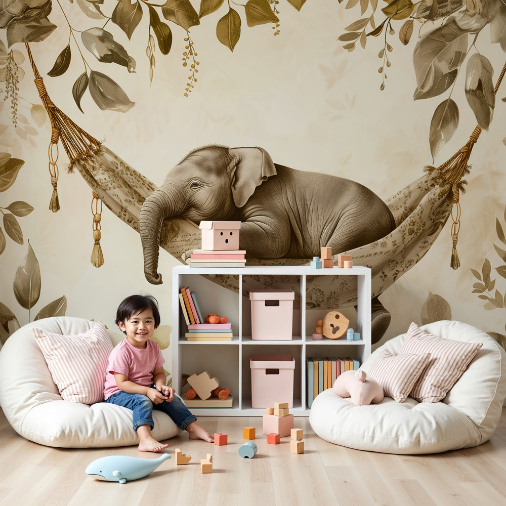 Kids-Mundo baby elephant hammock wall mural shown as made-to-measure wallpaper in a calm nursery