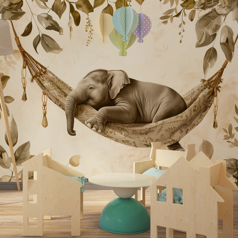 Kids-Mundo baby elephant hammock wall mural with sepia leaves shown in a cosy playroom