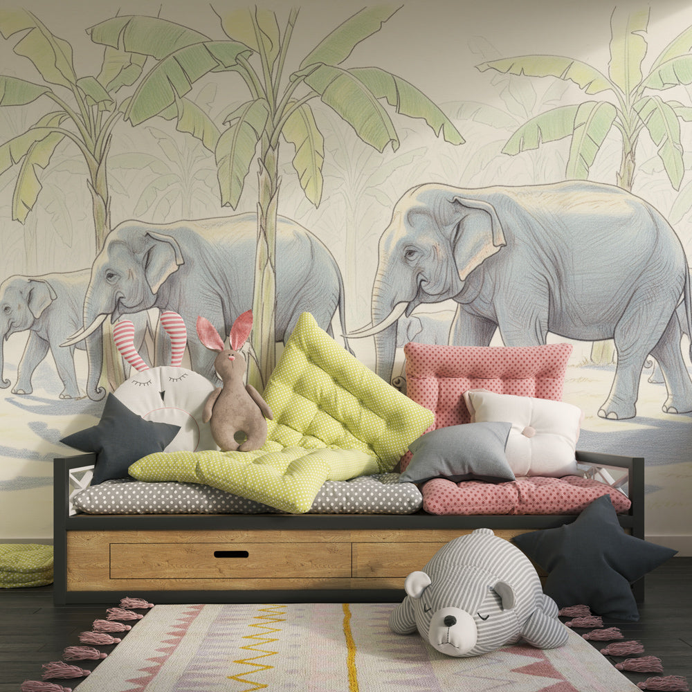 Kids-Mundo elephant jungle wall mural covering a kids' bedroom wall behind a single bed and shelves