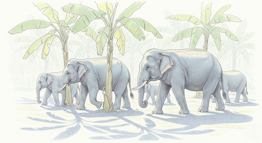 Kids-Mundo flat artwork of a grey elephant herd walking beneath banana palm trees in a jungle scene