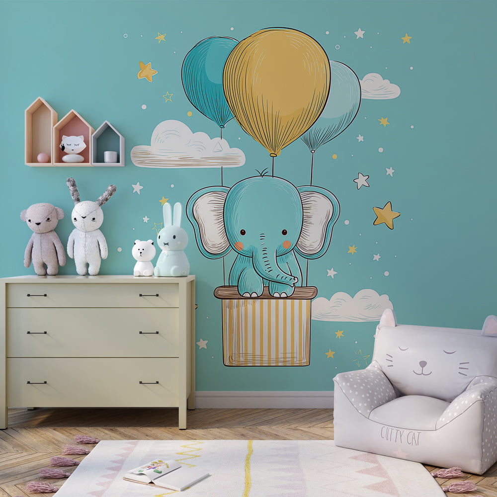 Kids-Mundo hot air balloon elephant mural styled on a playful kids bedroom wall