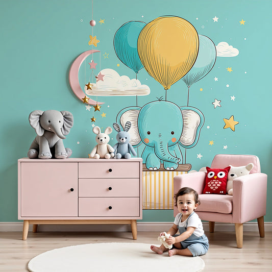 Kids-Mundo elephant hot air balloon wall mural in a bright teal nursery