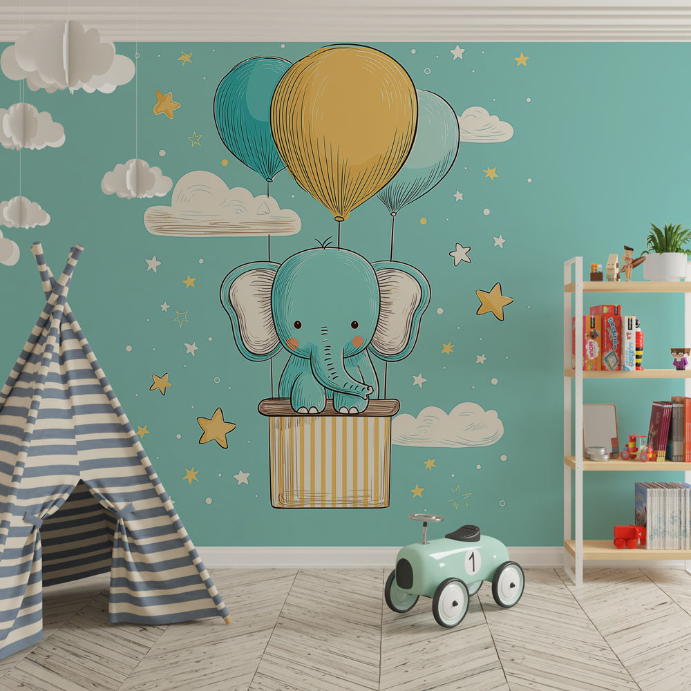 Kids-Mundo teal elephant balloon wall mural fitted in a cheerful children's playroom