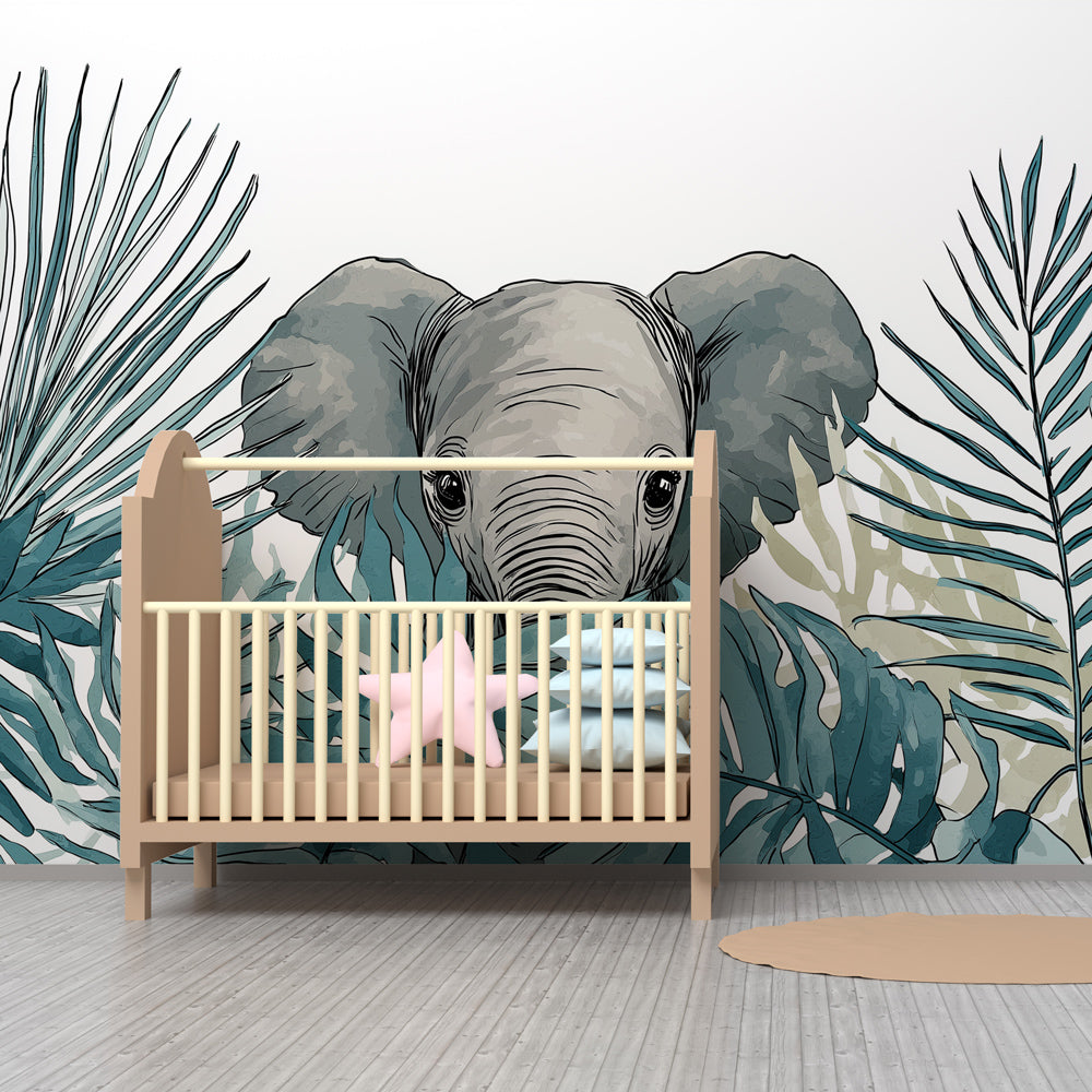 Tropical elephant mural wallpaper with soft green foliage for calming nursery decor