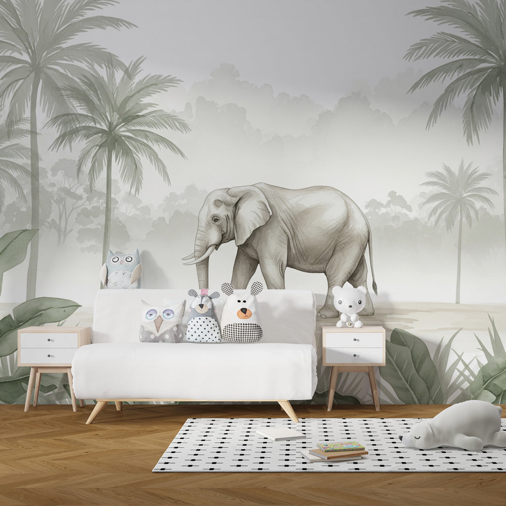 Serene baby room decorated with elephant jungle mural wallpaper in soft green tones
