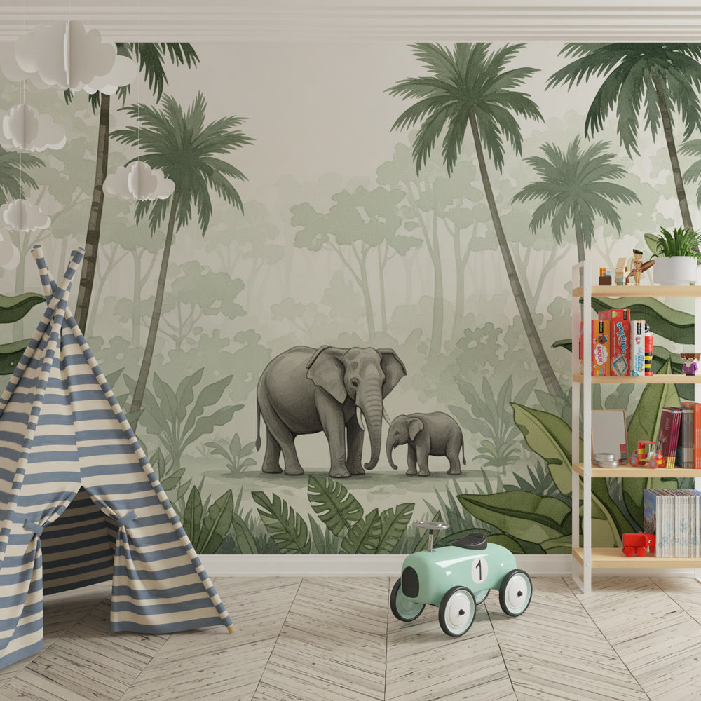 Tropical elephant wallpaper transforming kids bedroom with lush jungle theme