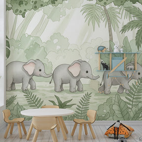 Safari elephant wallpaper creating peaceful atmosphere in children's bedroom setting
