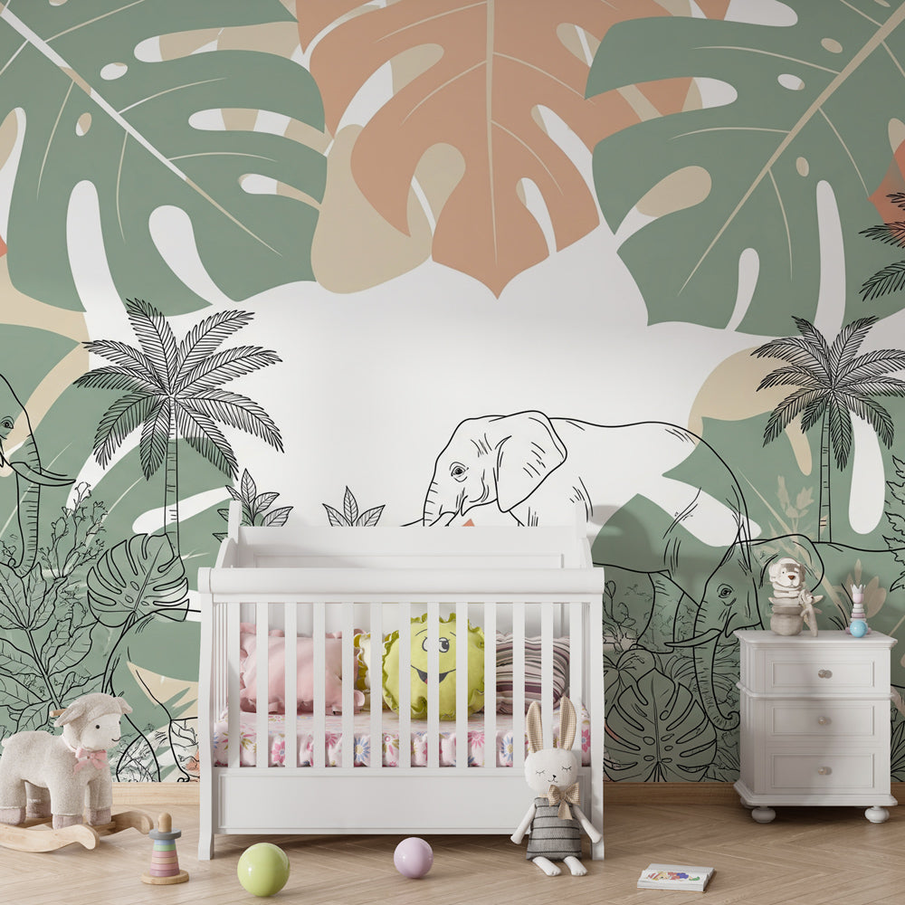 Safari elephant wallpaper creating adventurous kids bedroom decor with tropical jungle theme
