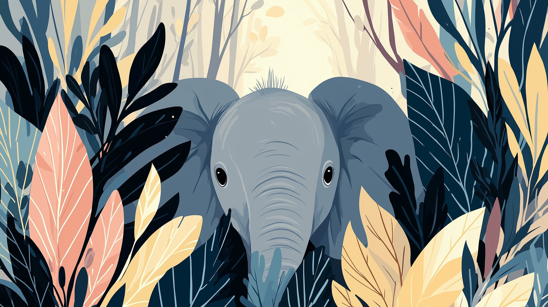 Detailed elephant jungle mural wallpaper design pattern with tropical foliage by Kids-Mundo