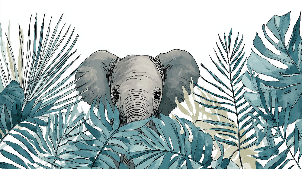 Detailed elephant jungle mural wallpaper design pattern with tropical foliage by Kids-Mundo