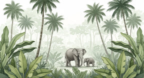 Detailed elephant jungle mural wallpaper design pattern with tropical foliage by Kids-Mundo
