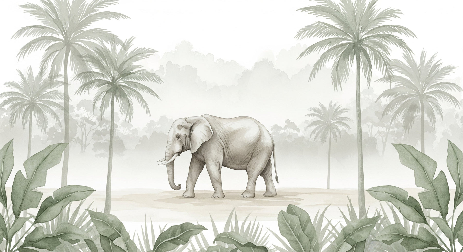 Detailed elephant jungle mural wallpaper design pattern with palm trees by Kids-Mundo