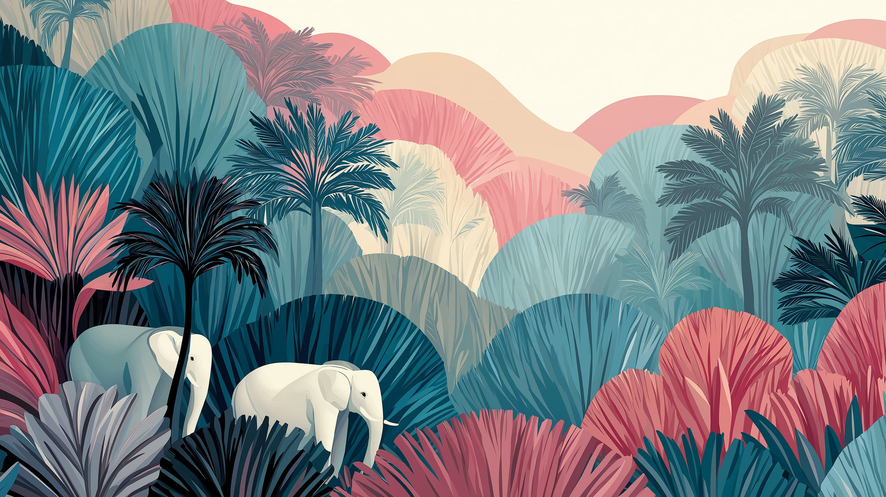 Detailed elephant jungle mural wallpaper design pattern with tropical foliage by Kids-Mundo