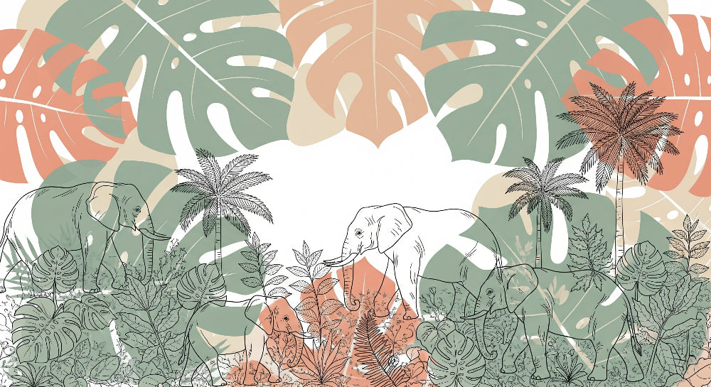 Detailed elephant jungle mural wallpaper design pattern with tropical foliage by Kids-Mundo