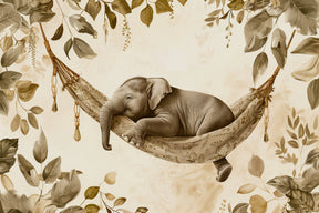 Detailed baby elephant in floral hammock mural wallpaper design pattern by Kids-Mundo