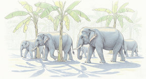 Detailed elephant safari mural wallpaper design pattern showing palm trees by Kids-Mundo