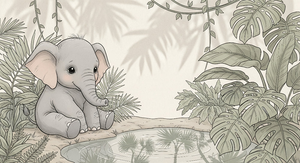 Detailed baby elephant jungle mural wallpaper design pattern with tropical foliage by Kids-Mundo